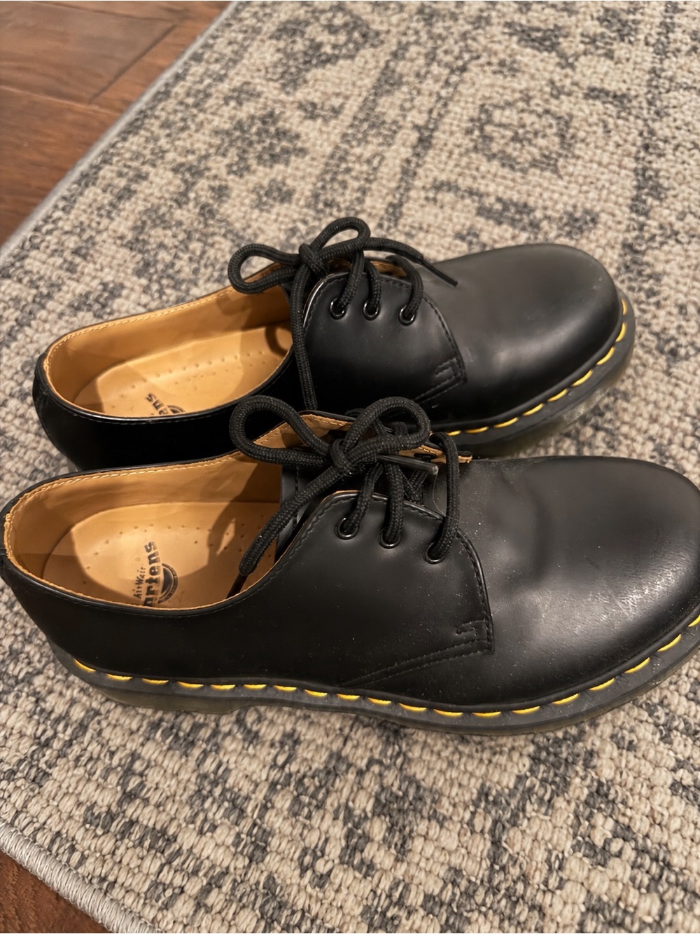 Dr. Martens Black Leather 3-Eye Low Lace-Up Shoes with Yellow Stitching